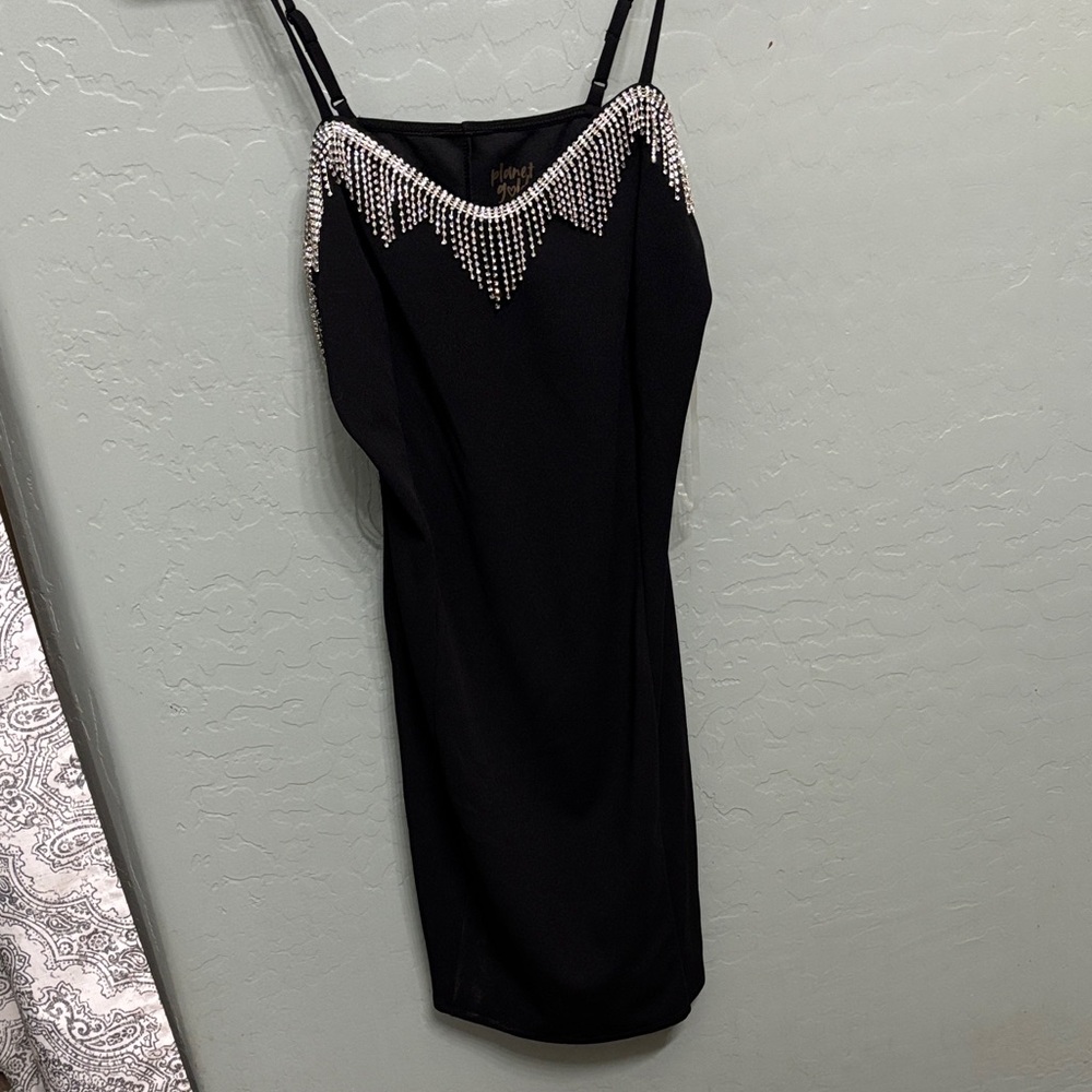 Planet Gold Black Mini Dress with Rhinestone Fringe